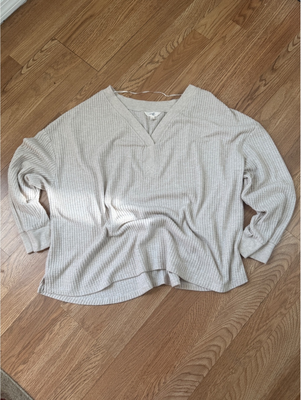 terra & sky Women's 2X Beige Waffle Knit V-Neck Pullover Sweater
